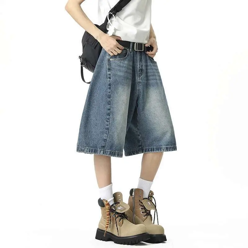 IEFB American Style Men's Denim Shorts Knee-length Summer Loose Straight Wide Leg Male Short Jeans 2025 Gradient Color 9W2290