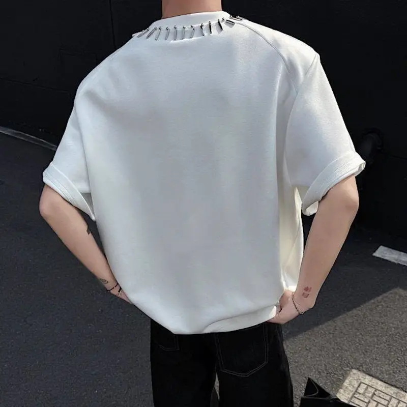 IEFB New Summer Men's T-shirts Short Sleeve Round Collar Trendy Metal Decoration Loose Pad Shoulder Fashion Male Clothing 9W1710