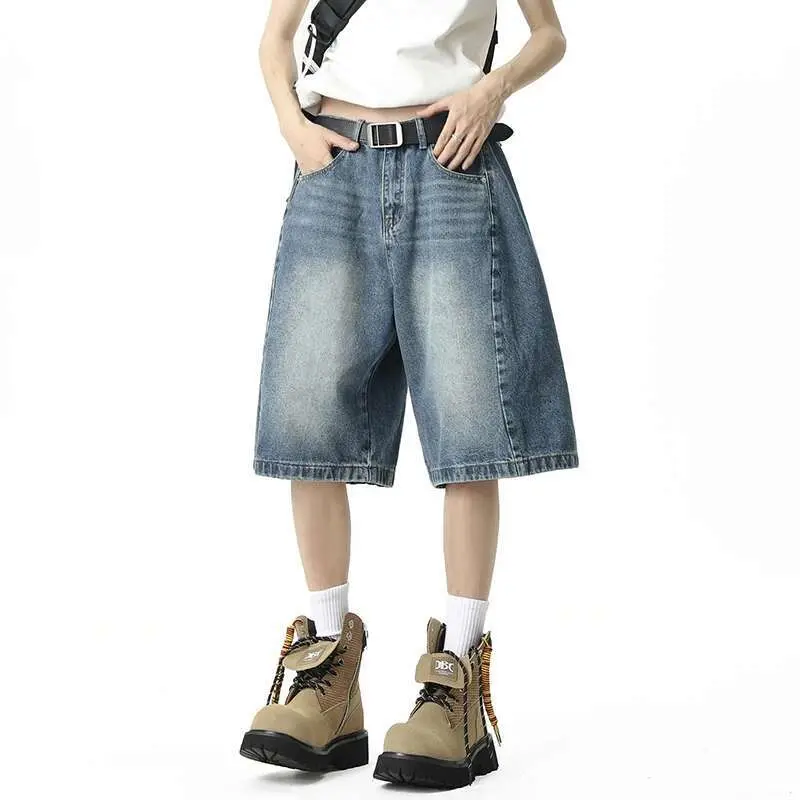IEFB American Style Men's Denim Shorts Knee-length Summer Loose Straight Wide Leg Male Short Jeans 2025 Gradient Color 9W2290