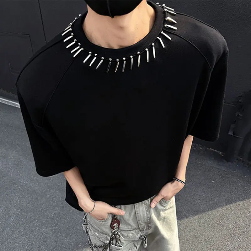 IEFB New Summer Men's T-shirts Short Sleeve Round Collar Trendy Metal Decoration Loose Pad Shoulder Fashion Male Clothing 9W1710