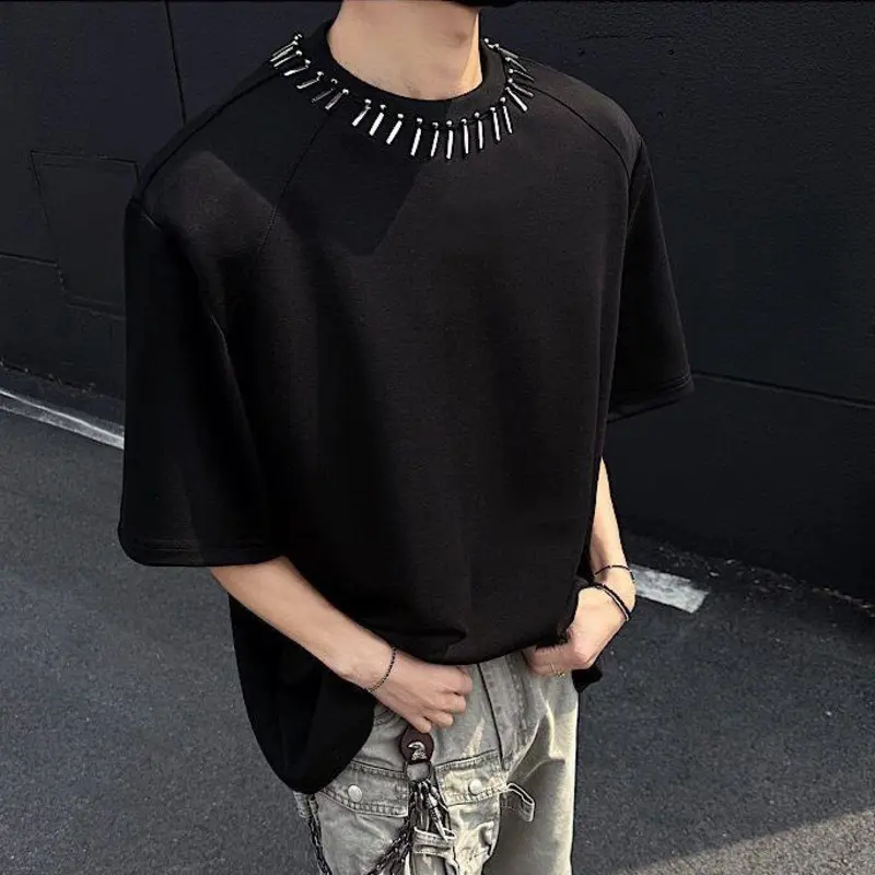 IEFB New Summer Men's T-shirts Short Sleeve Round Collar Trendy Metal Decoration Loose Pad Shoulder Fashion Male Clothing 9W1710