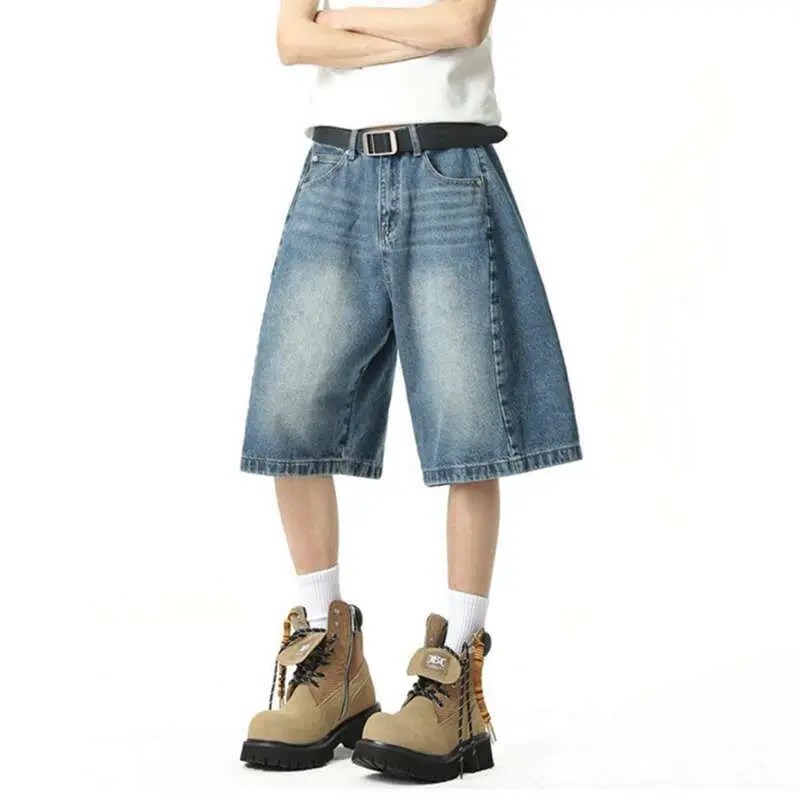 IEFB American Style Men's Denim Shorts Knee-length Summer Loose Straight Wide Leg Male Short Jeans 2025 Gradient Color 9W2290
