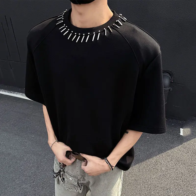 IEFB New Summer Men's T-shirts Short Sleeve Round Collar Trendy Metal Decoration Loose Pad Shoulder Fashion Male Clothing 9W1710