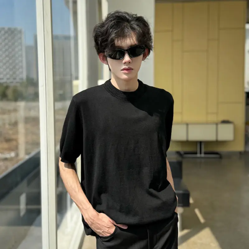 IEFB Men's Short Sleeve T-shirts New Korean Style Summer Half High Collar Weaving Design  Knitted Solid Color Male Tees 9W2184
