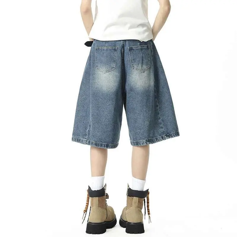 IEFB American Style Men's Denim Shorts Knee-length Summer Loose Straight Wide Leg Male Short Jeans 2025 Gradient Color 9W2290