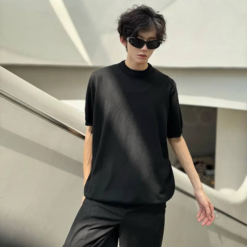 IEFB Men's Short Sleeve T-shirts New Korean Style Summer Half High Collar Weaving Design  Knitted Solid Color Male Tees 9W2184