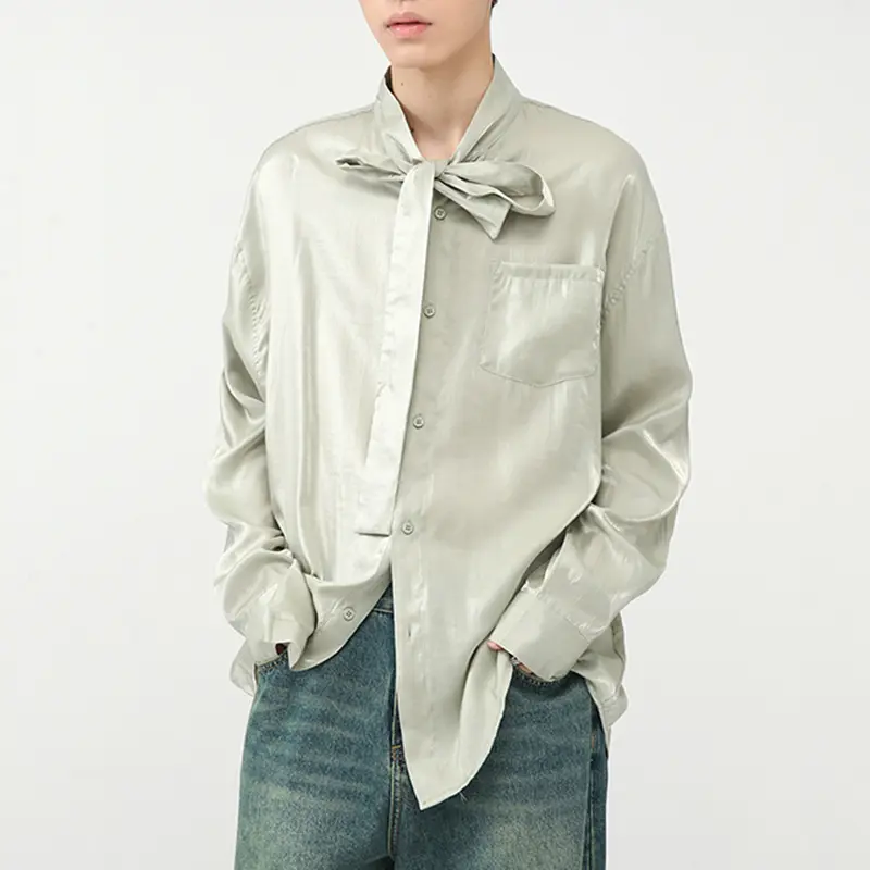 IEFB Stylish Men's Shirts Stand Collar Solid Color Tie Design Drape Pocket Single Breasted Loose Male Long Sleeve Tops 9W1185