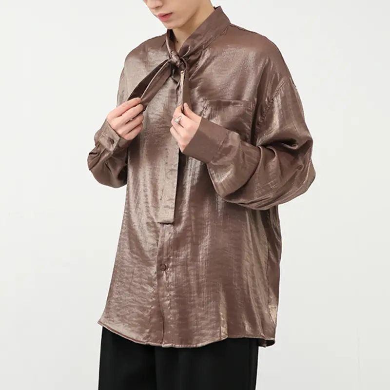 IEFB Stylish Men's Shirts Stand Collar Solid Color Tie Design Drape Pocket Single Breasted Loose Male Long Sleeve Tops 9W1185
