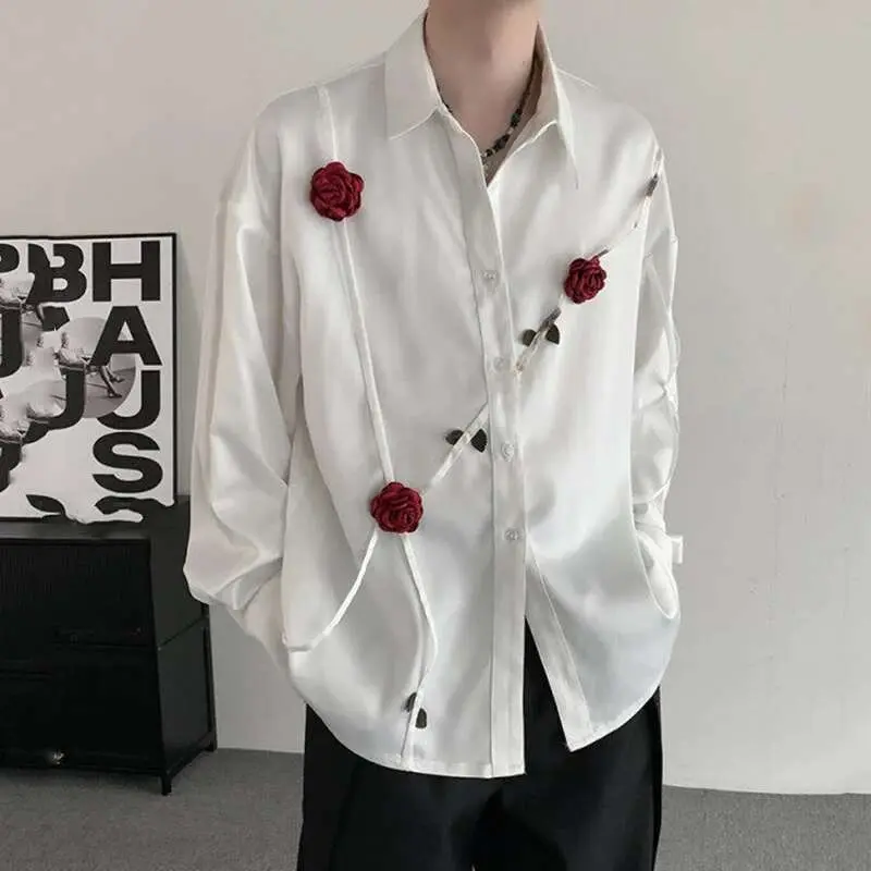IEFB Spring Men's Shirts Three-dimensional Rose Design Lapel Contrast Color Menswear Long Sleeve Single Breasted Male Tops 9W185