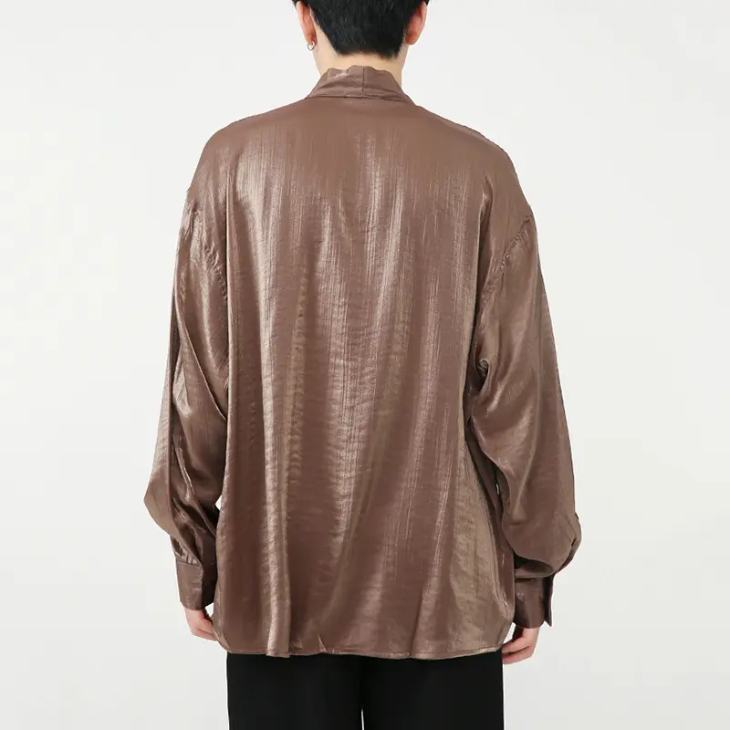 IEFB Stylish Men's Shirts Stand Collar Solid Color Tie Design Drape Pocket Single Breasted Loose Male Long Sleeve Tops 9W1185