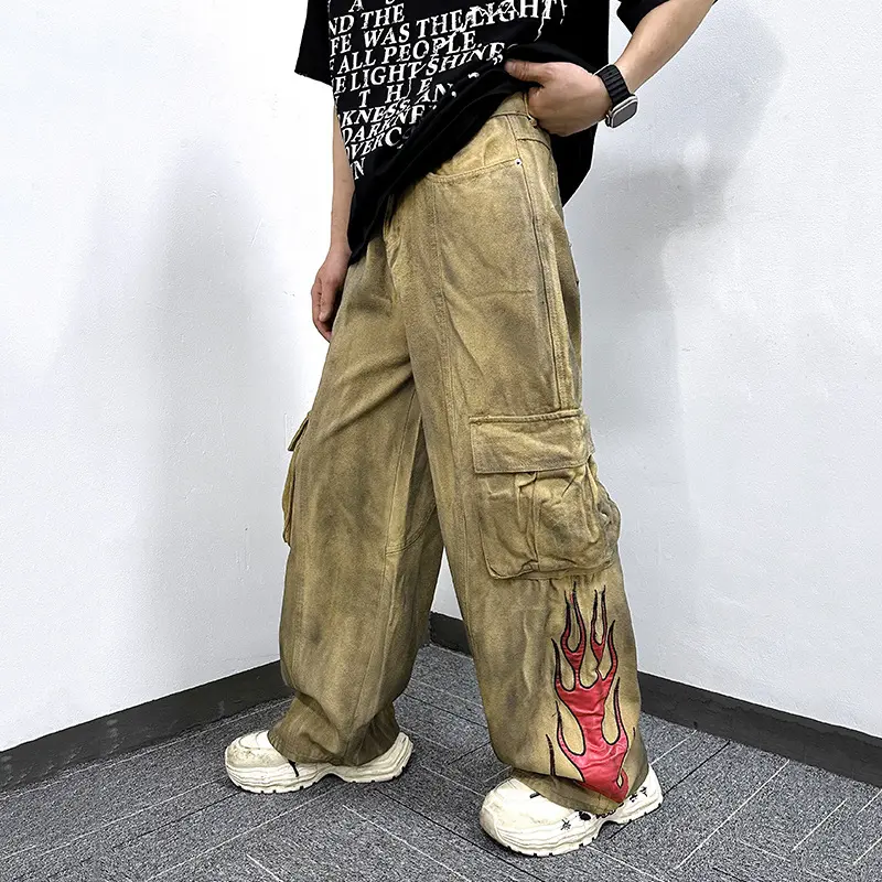 IEFB Men's Cargo Pants New American Style Tie Dye Dirty Flame Pattern Washed Straight Wide Leg Male Trousers Summer 9W1787