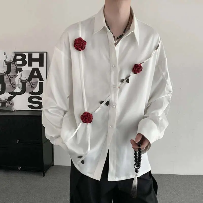 IEFB Spring Men's Shirts Three-dimensional Rose Design Lapel Contrast Color Menswear Long Sleeve Single Breasted Male Tops 9W185