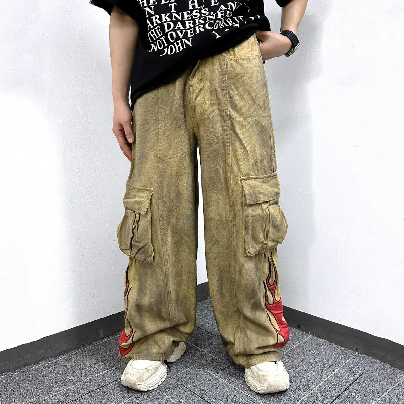 IEFB Men's Cargo Pants New American Style Tie Dye Dirty Flame Pattern Washed Straight Wide Leg Male Trousers Summer 9W1787