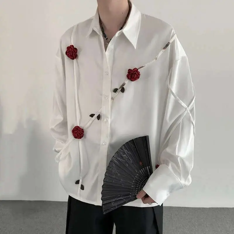 IEFB Spring Men's Shirts Three-dimensional Rose Design Lapel Contrast Color Menswear Long Sleeve Single Breasted Male Tops 9W185