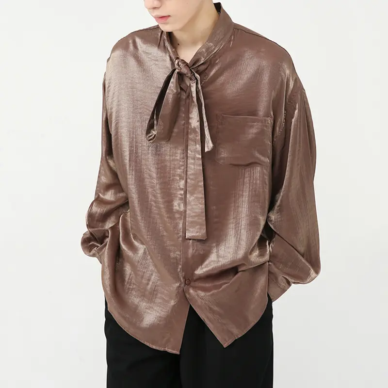 IEFB Stylish Men's Shirts Stand Collar Solid Color Tie Design Drape Pocket Single Breasted Loose Male Long Sleeve Tops 9W1185