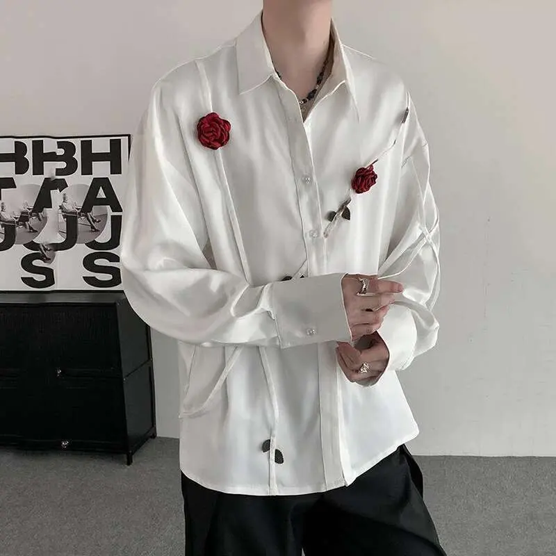 IEFB Spring Men's Shirts Three-dimensional Rose Design Lapel Contrast Color Menswear Long Sleeve Single Breasted Male Tops 9W185