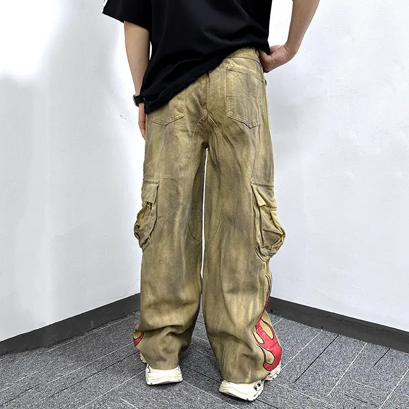 IEFB Men's Cargo Pants New American Style Tie Dye Dirty Flame Pattern Washed Straight Wide Leg Male Trousers Summer 9W1787