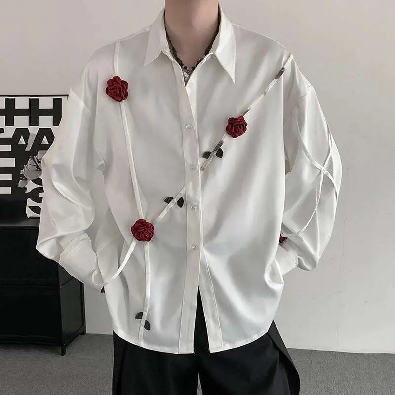 IEFB Spring Men's Shirts Three-dimensional Rose Design Lapel Contrast Color Menswear Long Sleeve Single Breasted Male Tops 9W185