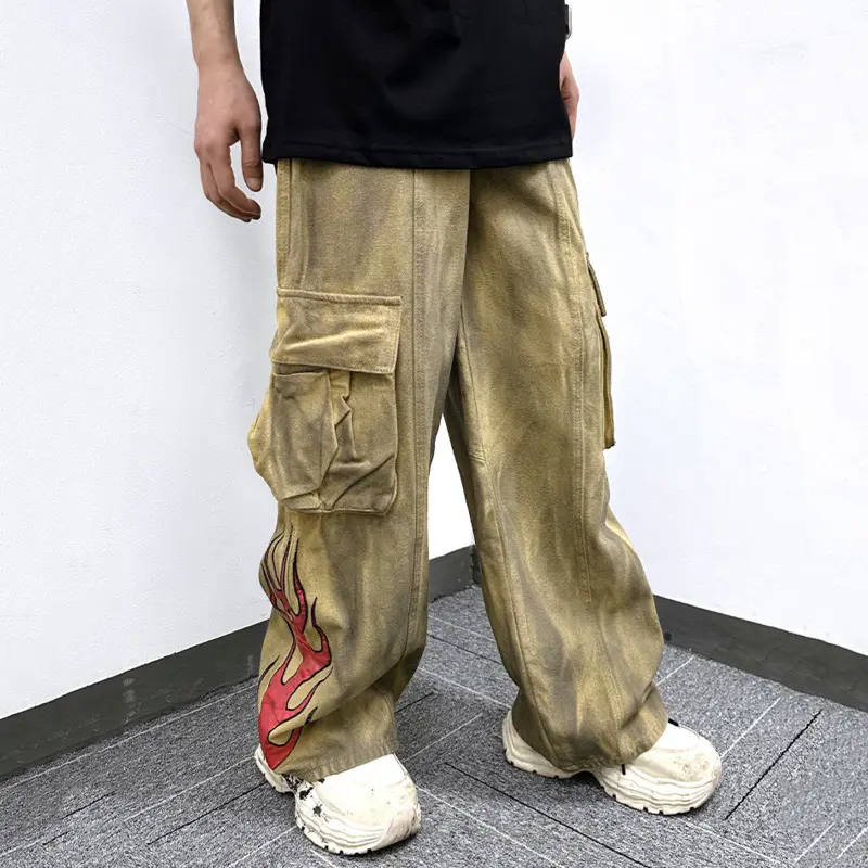 IEFB Men's Cargo Pants New American Style Tie Dye Dirty Flame Pattern Washed Straight Wide Leg Male Trousers Summer 9W1787