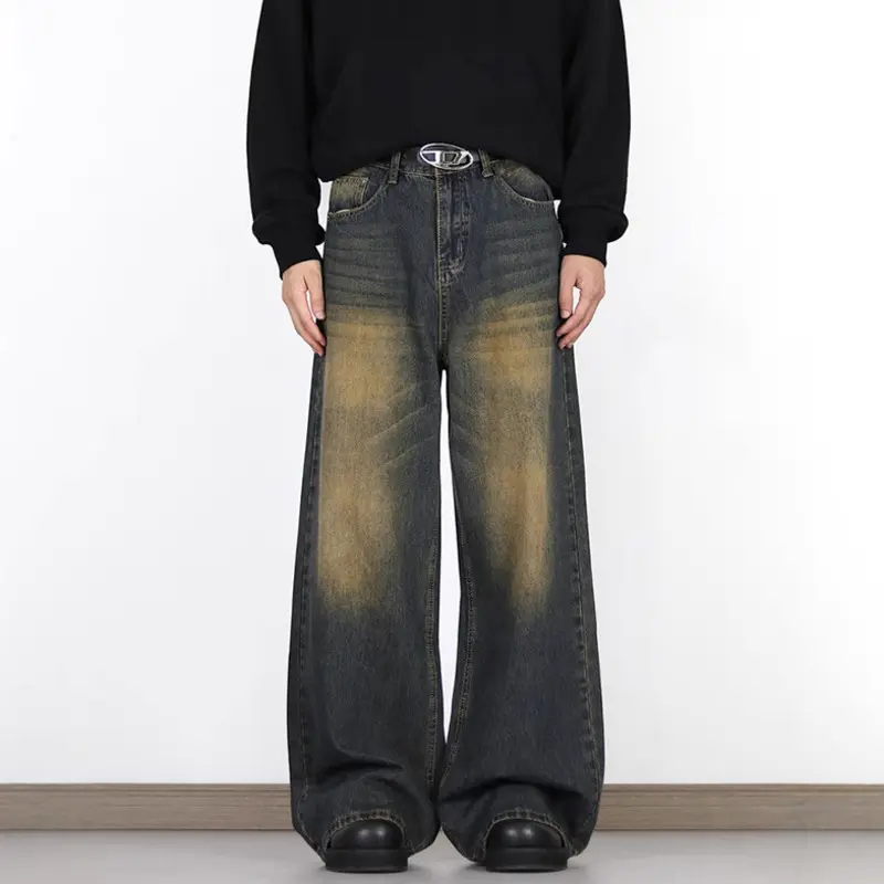 IEFB Men's Jeans Washed Gradient Color New American Style High Street Loose Straight Wide Leg Male Casual Denim Pants 9W2195