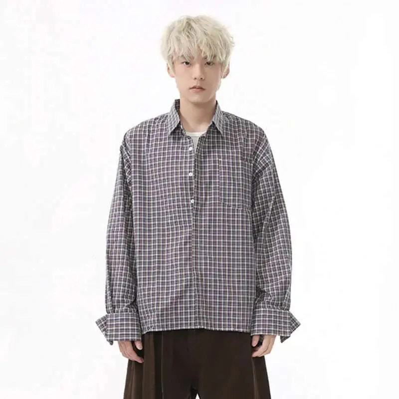 IEFB Plaid Men's Long Sleeve Shirts New Korean Design Lapel Casual Pocket Decoration Male Clothing Summer Fashion Tide 9W1591