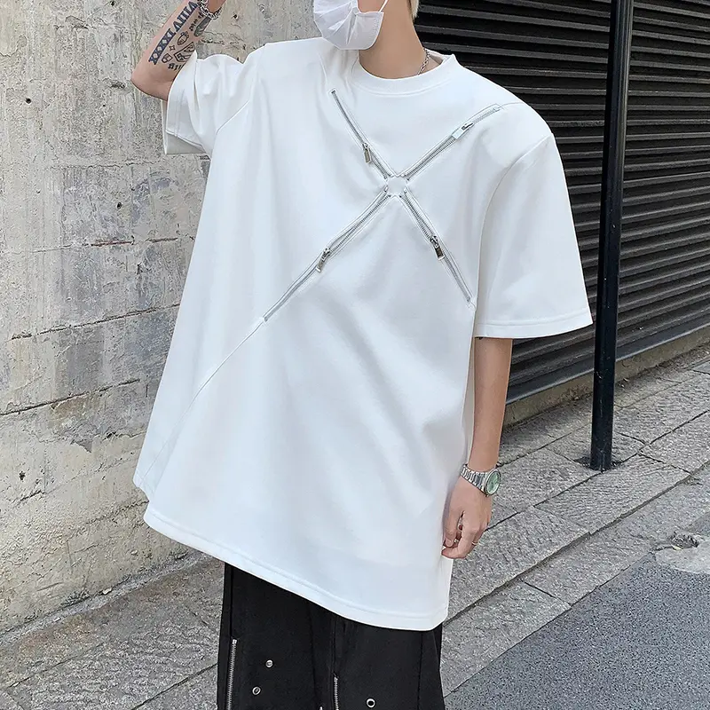 IEFB New Summer Men's Tees Round Collar Solid Color Short Sleeve Shoulder Padded Zipper Patchwork Loose Male Pullover Tee 9W2381