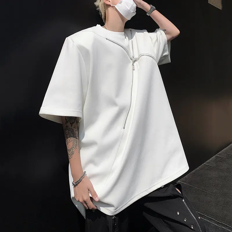 IEFB New Summer Men's Tees Round Collar Solid Color Short Sleeve Shoulder Padded Zipper Patchwork Loose Male Pullover Tee 9W2381