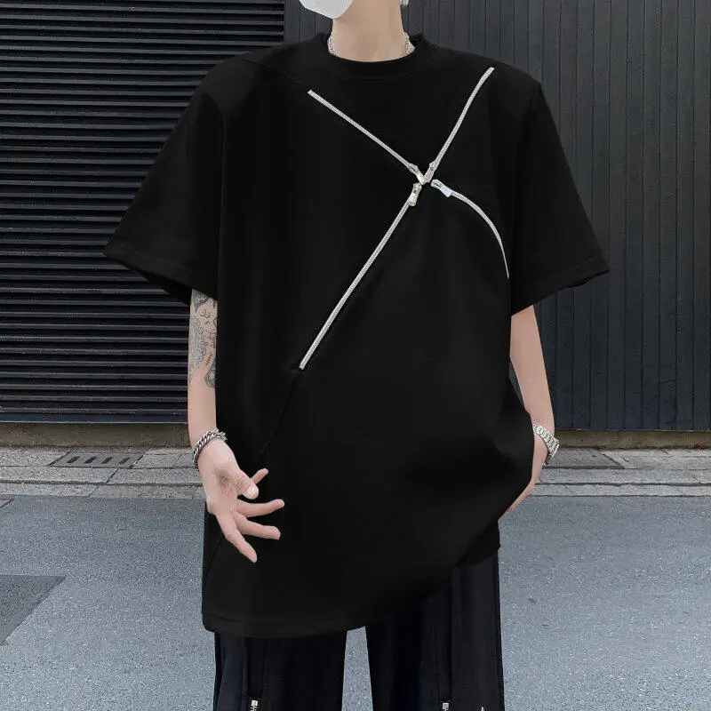 IEFB New Summer Men's Tees Round Collar Solid Color Short Sleeve Shoulder Padded Zipper Patchwork Loose Male Pullover Tee 9W2381
