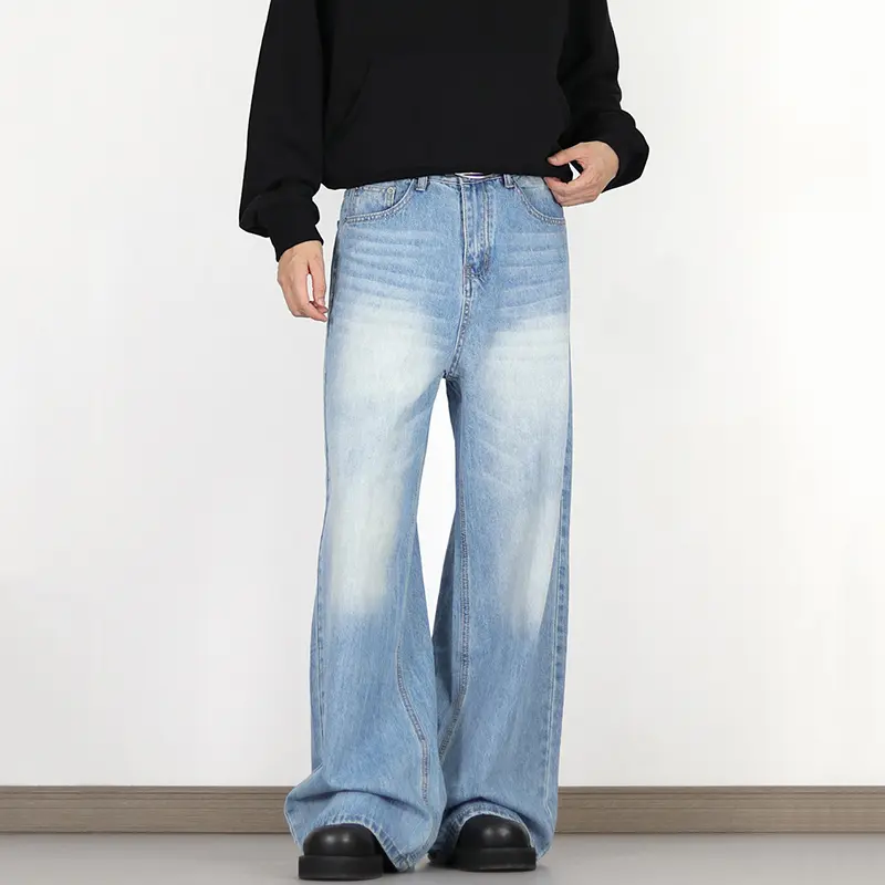 IEFB Men's Jeans Washed Gradient Color New American Style High Street Loose Straight Wide Leg Male Casual Denim Pants 9W2195