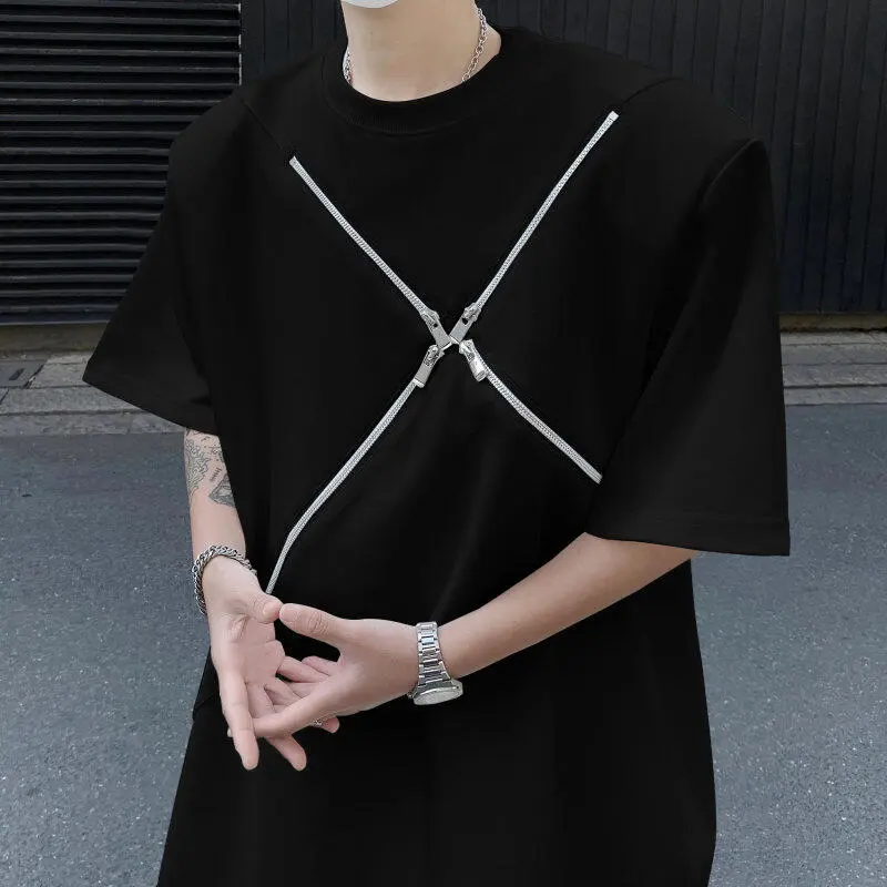 IEFB New Summer Men's Tees Round Collar Solid Color Short Sleeve Shoulder Padded Zipper Patchwork Loose Male Pullover Tee 9W2381