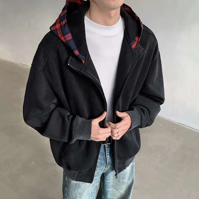IEFB New Korean Style Men's Jackets Plaid Patchwork Contrast Color Zipper Casual Menswear Loose Spring Male Coats Stylish 9W1070