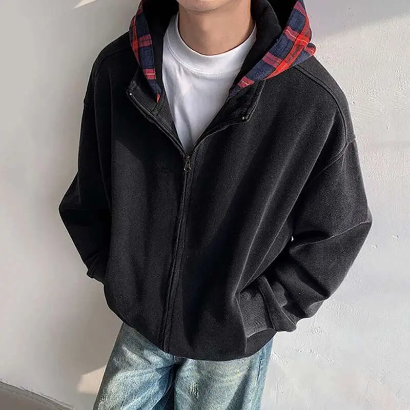 IEFB New Korean Style Men's Jackets Plaid Patchwork Contrast Color Zipper Casual Menswear Loose Spring Male Coats Stylish 9W1070