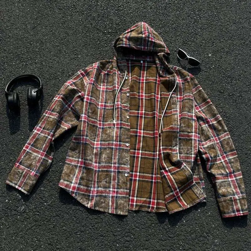 IEFB Male New Kroean Spring Men's Hooded Plaid Shirt Single Breasted Design Casual Handsome Long Sleeves Style 2025 9W1396