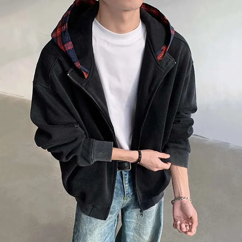 IEFB New Korean Style Men's Jackets Plaid Patchwork Contrast Color Zipper Casual Menswear Loose Spring Male Coats Stylish 9W1070