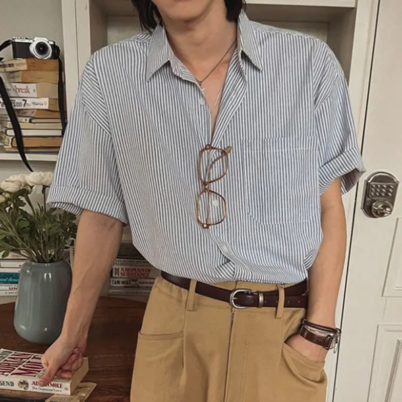 IEFB Men's Shirts New Summer Striped Short Sleeved Loose Male Lapel Casual Single Breasted Shirt Korean Trendy Male Top 9W1621