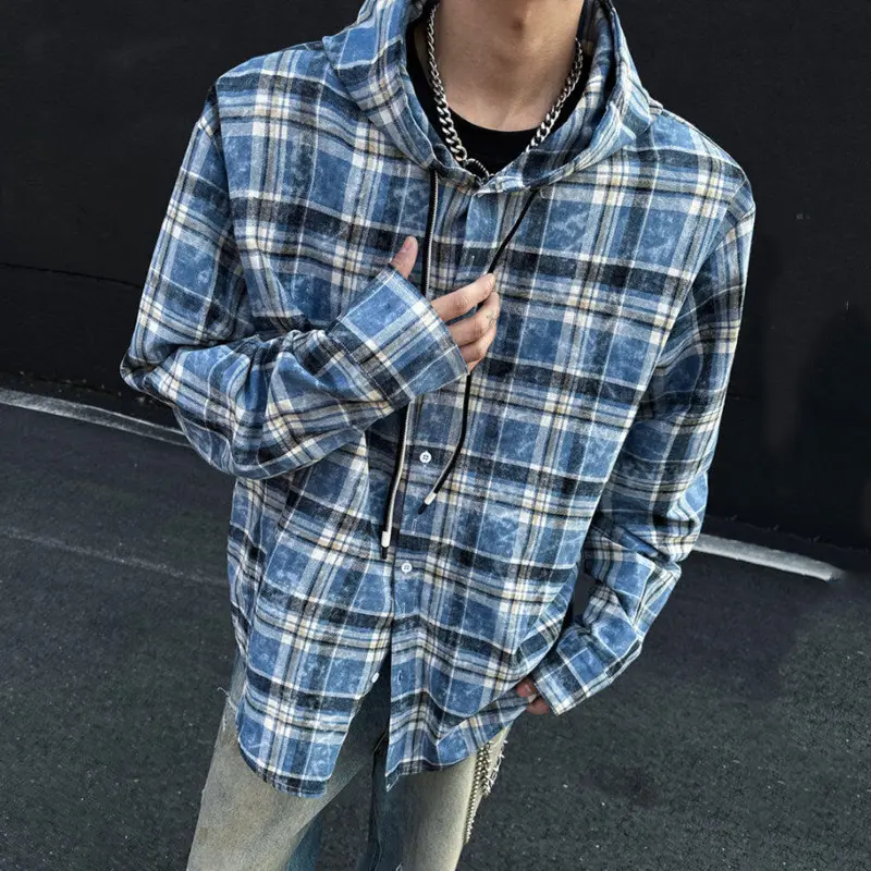 IEFB Male New Kroean Spring Men's Hooded Plaid Shirt Single Breasted Design Casual Handsome Long Sleeves Style 2025 9W1396