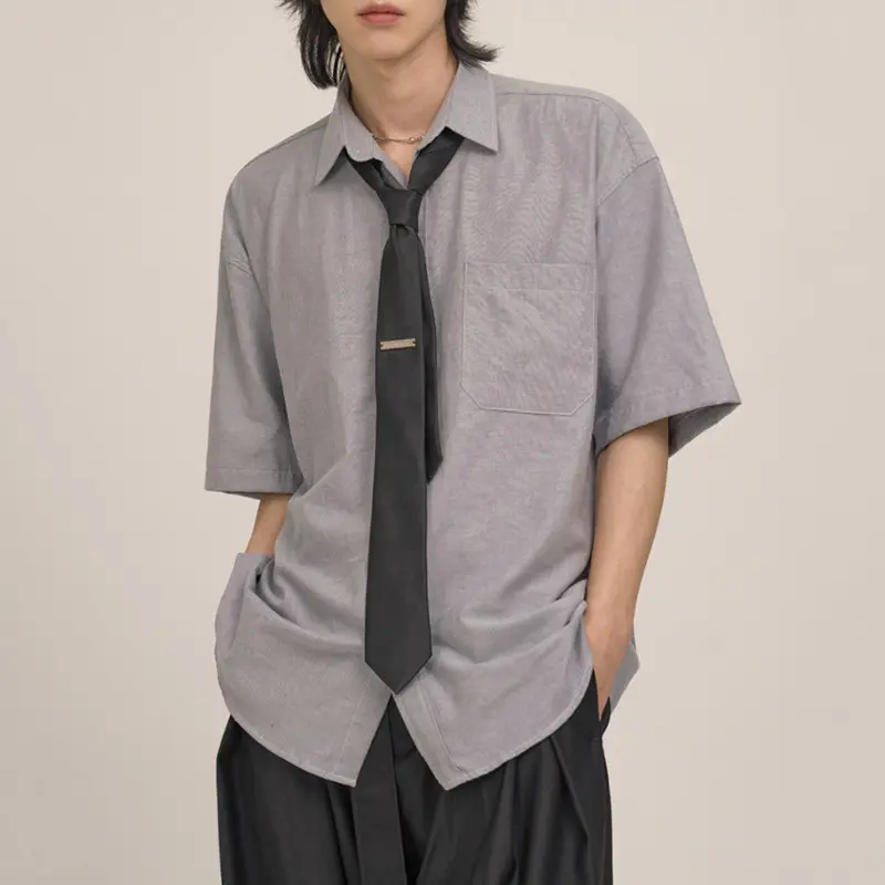 IEFB Simple Men's Shirts Lapel Short Sleeve Pocket Solid Color Clothing Korean Style Loose Single Breasted Loose Male Top 9W2733
