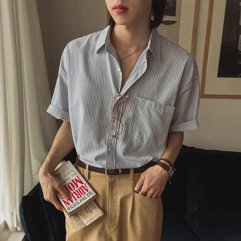 IEFB Men's Shirts New Summer Striped Short Sleeved Loose Male Lapel Casual Single Breasted Shirt Korean Trendy Male Top 9W1621