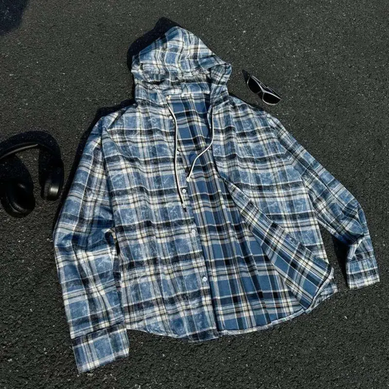 IEFB Male New Kroean Spring Men's Hooded Plaid Shirt Single Breasted Design Casual Handsome Long Sleeves Style 2025 9W1396