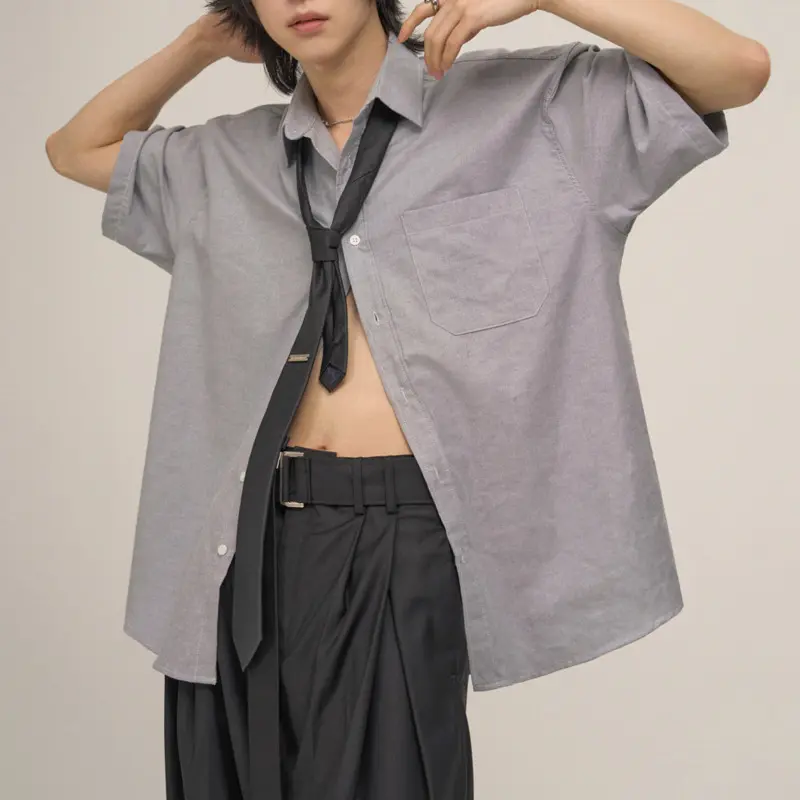 IEFB Simple Men's Shirts Lapel Short Sleeve Pocket Solid Color Clothing Korean Style Loose Single Breasted Loose Male Top 9W2733