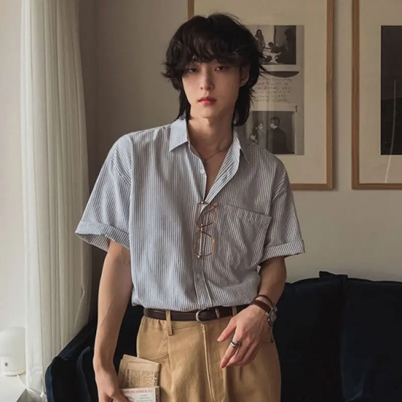 IEFB Men's Shirts New Summer Striped Short Sleeved Loose Male Lapel Casual Single Breasted Shirt Korean Trendy Male Top 9W1621