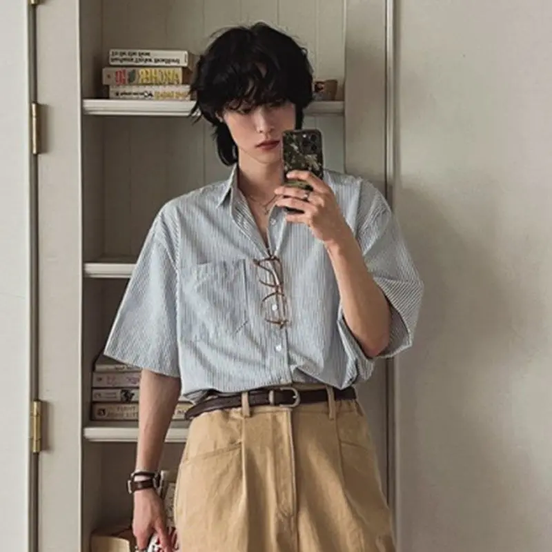 IEFB Men's Shirts New Summer Striped Short Sleeved Loose Male Lapel Casual Single Breasted Shirt Korean Trendy Male Top 9W1621