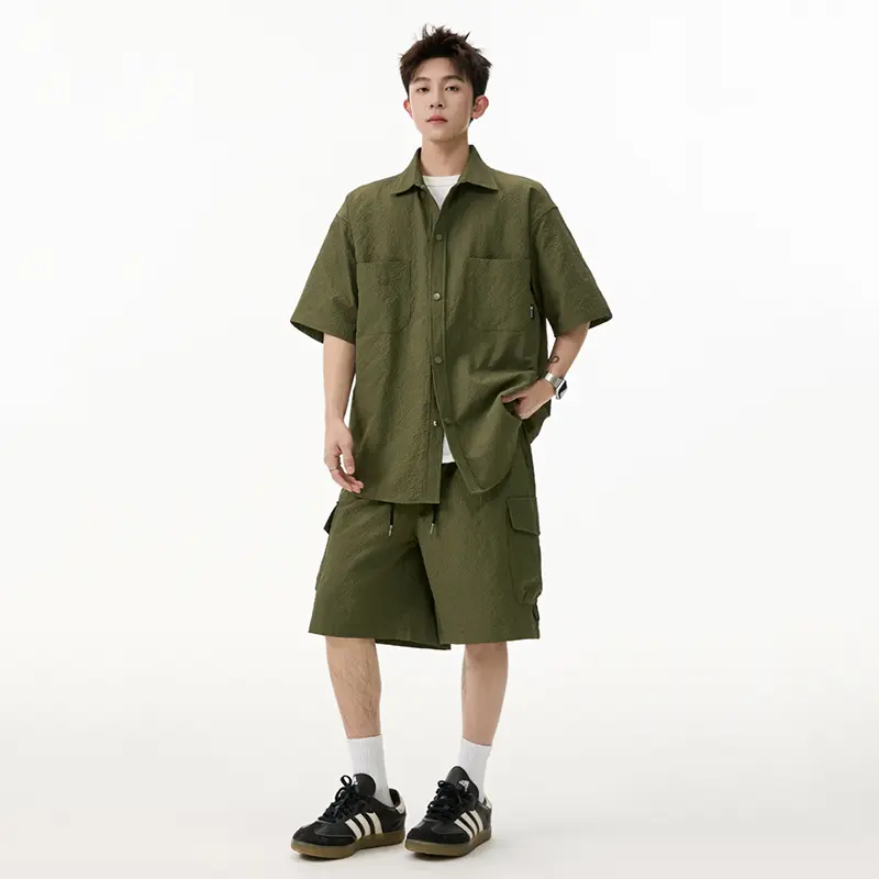 IEFB Korean Style Men's Two-piece Turn-down Collar Solid Color Single Breasted Short Sleeve Shirts Drawstring Male Shorts 9W3576