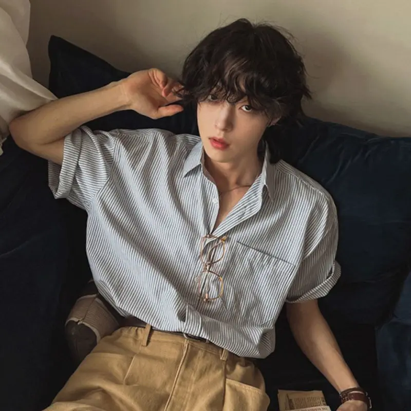 IEFB Men's Shirts New Summer Striped Short Sleeved Loose Male Lapel Casual Single Breasted Shirt Korean Trendy Male Top 9W1621