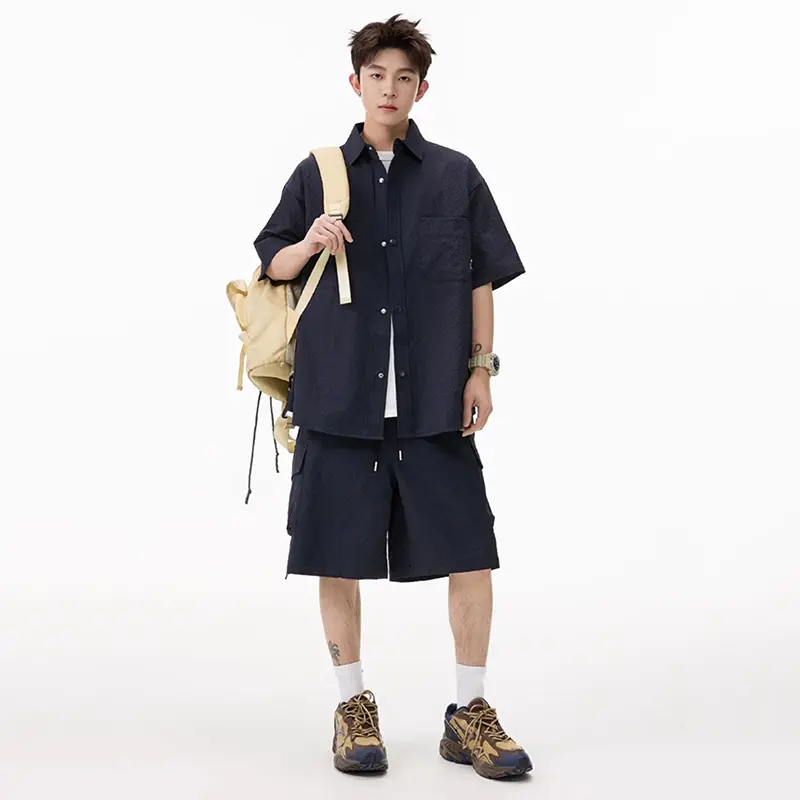 IEFB Korean Style Men's Two-piece Turn-down Collar Solid Color Single Breasted Short Sleeve Shirts Drawstring Male Shorts 9W3576