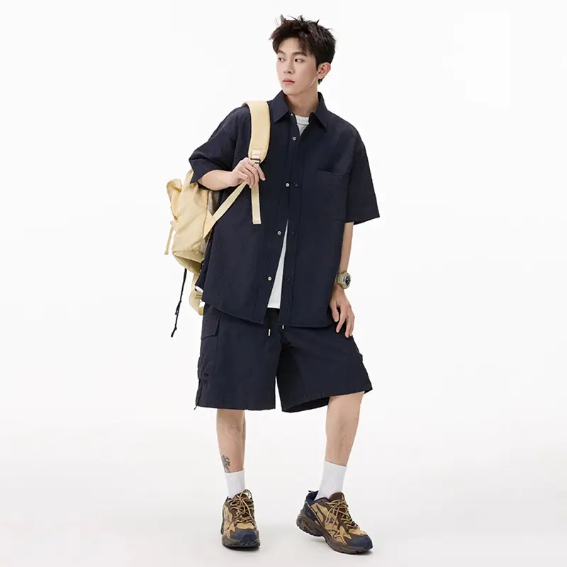 IEFB Korean Style Men's Two-piece Turn-down Collar Solid Color Single Breasted Short Sleeve Shirts Drawstring Male Shorts 9W3576