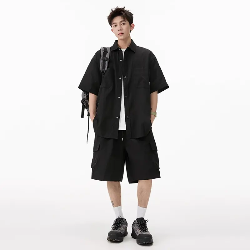IEFB Korean Style Men's Two-piece Turn-down Collar Solid Color Single Breasted Short Sleeve Shirts Drawstring Male Shorts 9W3576