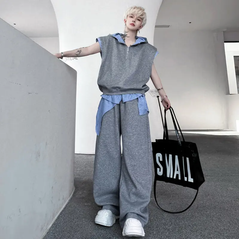 IEFB New Summer Men's Two-piece Hooded Half Zipper Design Fake Two-piece Sleeveless Vests Elastic Waist Straight Pants 9W2318