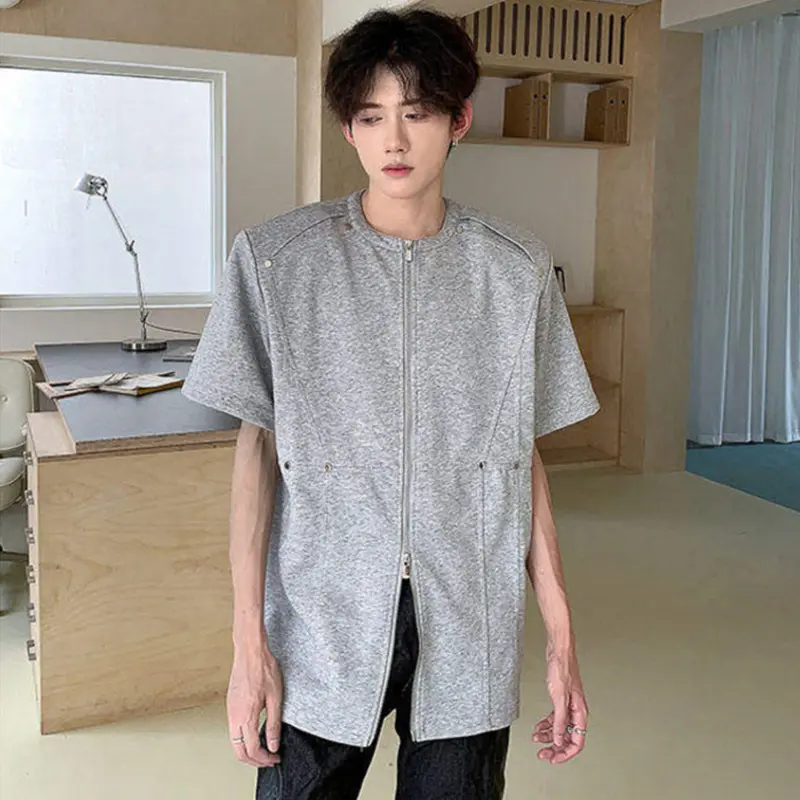 IEFB Simple Men T-shirt Rivet Deconstruction Short Sleeve T-shirts Grey Round Collar Zipper High Street Male Tees Summer 9W2766