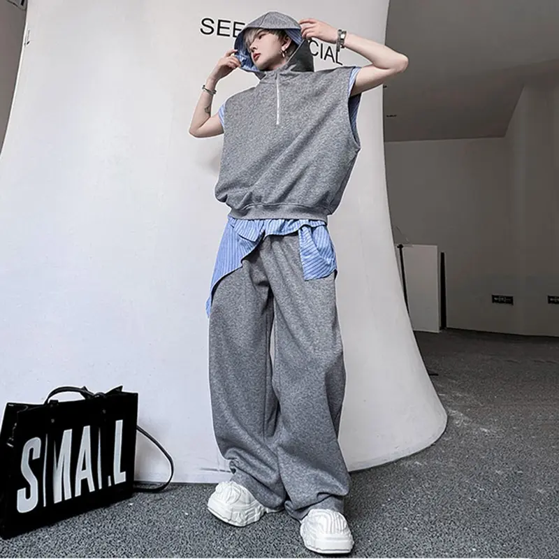 IEFB New Summer Men's Two-piece Hooded Half Zipper Design Fake Two-piece Sleeveless Vests Elastic Waist Straight Pants 9W2318